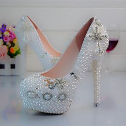 Crystal Trouwschoenen Cross Rhinestone Bridal Jurk Schoenen Wit Pearl Platform Schoenen Verjaardagsfeestje Prom Pumps Grote maat 45