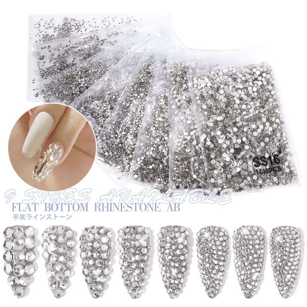 Cristal blanc dos plat ongles strass SS3-SS50 3D charme diamant pierre paillettes perles ongles décorations