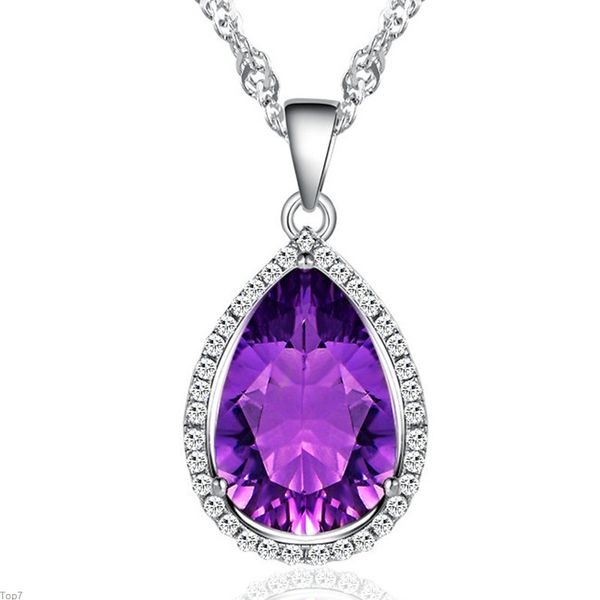 Colliers pour femmes en cristal pendentif goutte larmes d'ange améthyste naturelle chaîne de clavicule courte pour femme diamant violet plaqué or argent