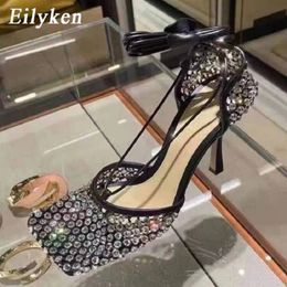 Crystal Yellow Eilyken 450 Green Women Pompes Toe Toe Fishnet Hollow Hollow Cross-Tied High Talon Sandales Sandales Dame Robe Shoe 240125 91419 42047