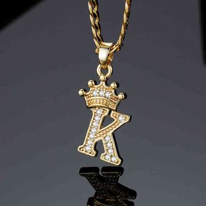 Crystal Zirkoon alfabet hanger ketting voor vrouwen gouden kroon eerste letter hiphop ketting sieraden Collier Bijoux