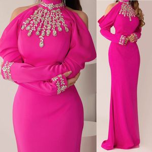 Kristallen kralen eenvoudige fuchsia prom jurken hoge nek druppel mouwen lange schede satijn formele avondjurken vloer lengte speciale gelegenheid vestido