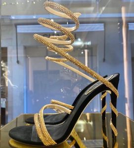 Kristallen verfraaide hakken sandalen Rene Caovilla Cleo 95 mm ontwerpers enkel wraparound dames hoge hakken sandaal bloem strass met tas