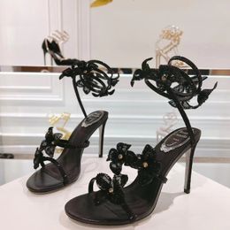 Kristallen verfraaide strass sandalen Rene Caovilla Cleo 95mm ontwerpers enkel wrapping vrouwen met hoge hakken sandaalbloem strass avondschoenen 34-43 rc