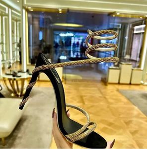 Kristallen verfraaide strass sandalen Sandalen Rene Caovilla Cleo 95mm ontwerpers enkel wrapping vrouwen met hoge hakken sandaalbloem strass Regeerboeten avondjes schoenen
