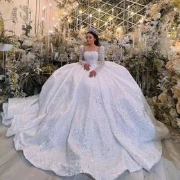 Kristallen luxueuze volledige bal trouwjurken 2024 bling plus size appliques lange mouwen tuin bruidsjurk woensdag jurken op maat gemaakte vestido de novia s