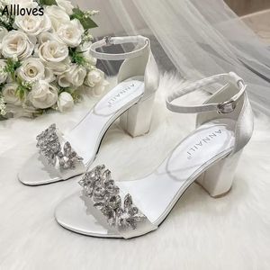 Cristales Mujeres Zapatos de boda Blanco Tacón grueso Punta abierta Simple Elegante Satén Sandalias de verano para damas Zapatos de novia CL0268