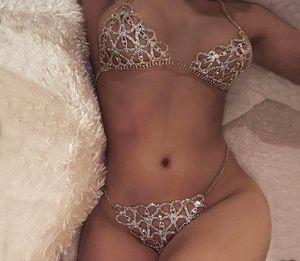 Crytal Bikini Body Belly Chain Harness for Women Sexy Lingerie Bling Rhinestone beha en Thong Set Jewelry6724394