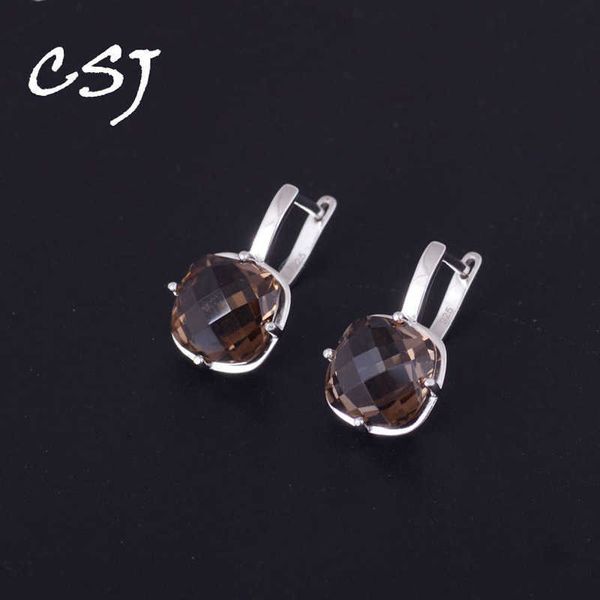 CSJ naturel Quartz fumé pierre gemme boucle d'oreille en argent Sterling 925 coussin 9ct damier coupe bijoux fins pour les femmes dame fête cadeau H1015