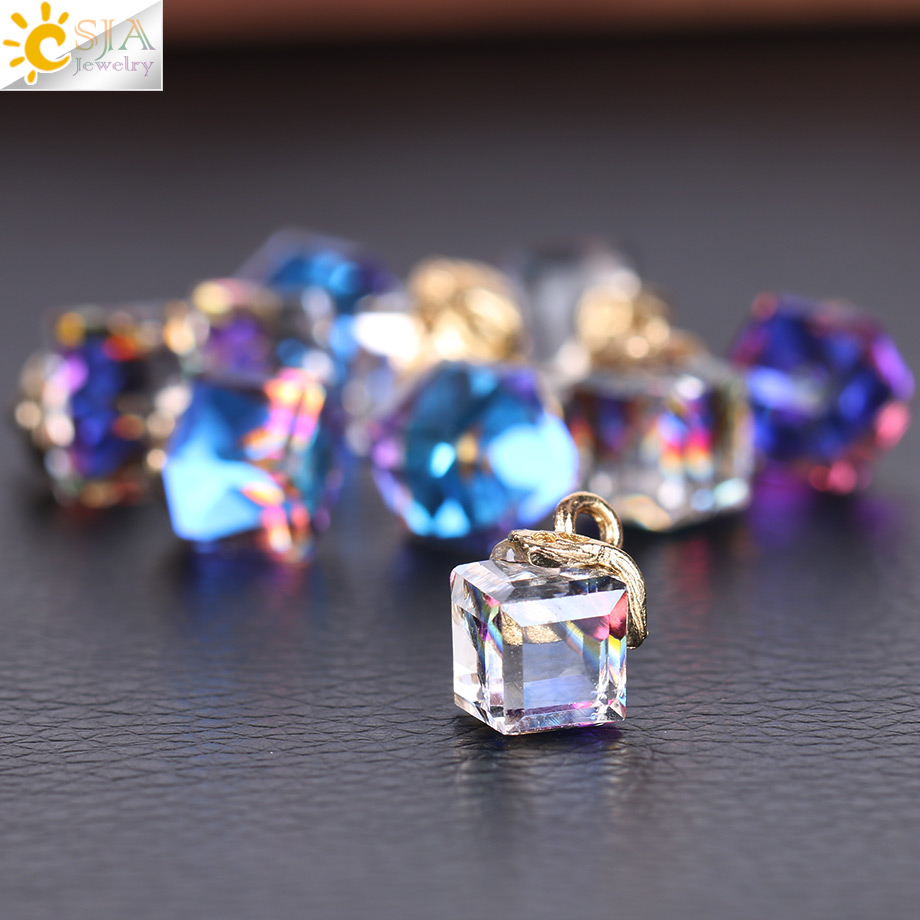 CSJA 10pcs Jewelry Findings Faceted Cube Glass Loose Beads 13 Color Square Shape 2mm Hole Austrian Crystal Bead for Bracelet DIY Making F367