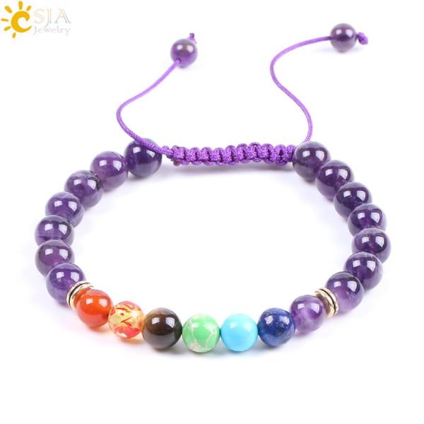 CSJA amatista pulseras de piedra natural cuarzo púrpura 7 cuentas de Chakra cuerda trenzada hecha a mano ajustable Yoga mujeres puntos de curación Brac291V