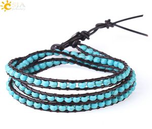 CSJA Boheemian lederen armbanden groen turquoise edelsteen meerlagige kralen wrap armband voor meisjes vrouwen 6mm brede handgemaakte boho JE9756652