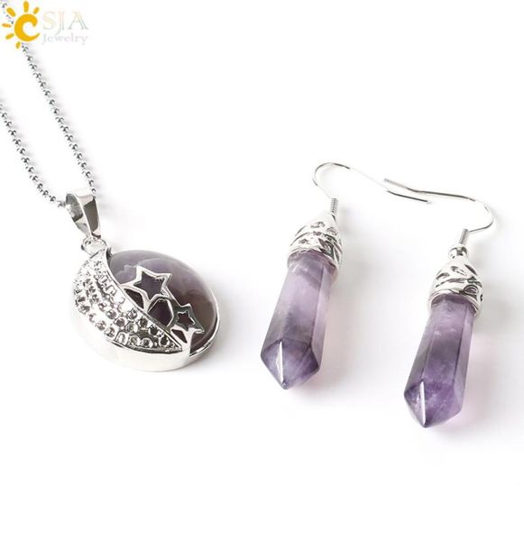 CSJA Bohème Pierre Naturelle Pierre Bijoux Ensembles Lune Étoiles Pendentif Collier Crochet Dangle Boucles D'oreilles Opale Améthyste Été Plage Jewe7417740