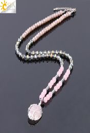 CSJA Chakra Collier de pull pour femmes Natural Pink Rose Quartz Crystal Drop Pendant Gemstone Statement Colliers Arbre de vie Jew5523258