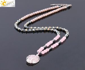 Csja Chakra Collier de pull pour femmes Natural Rose Rose Quartz Crystal Drop Pendant Gemstone Statement Colliers Tree of Life Jew7176929