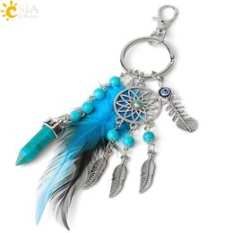 CSJA Dream Catcher Sleutelhangers Blue Feather Tassel Hamsa Hand Evil Eye Sleutelhanger voor Wall Auto Opknoping Decor Amulet Boho Sieraden G496 J0306