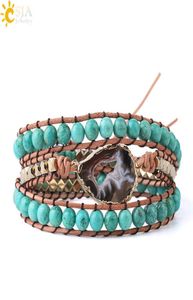 CSJA ePacket US Natuurlijke Turquoise Edelsteen Mala Kralen Armband Agaat Slice Geode Armbanden Bedels Boho Wrap Sieraden voor Wom3555597