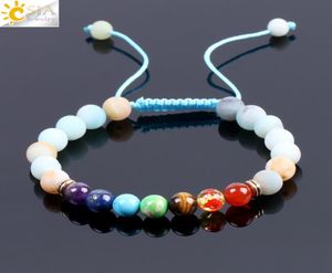 CSJA Mode Pierre Naturelle Amazonite Bleu Bracelets Tressés Reiki 7 Chakra Rond Mala Perles Diffuseur D'énergie À La Main Bracelet Ajuster4047121