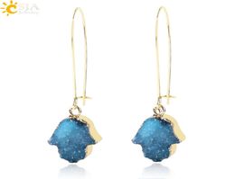 CSJA Hamsa main de Fatima boucles d'oreilles pendantes en or pour femmes violet vert bleu naturel Druzy Drusy Druse pierre précieuse Boho oreille bijoux 8137288