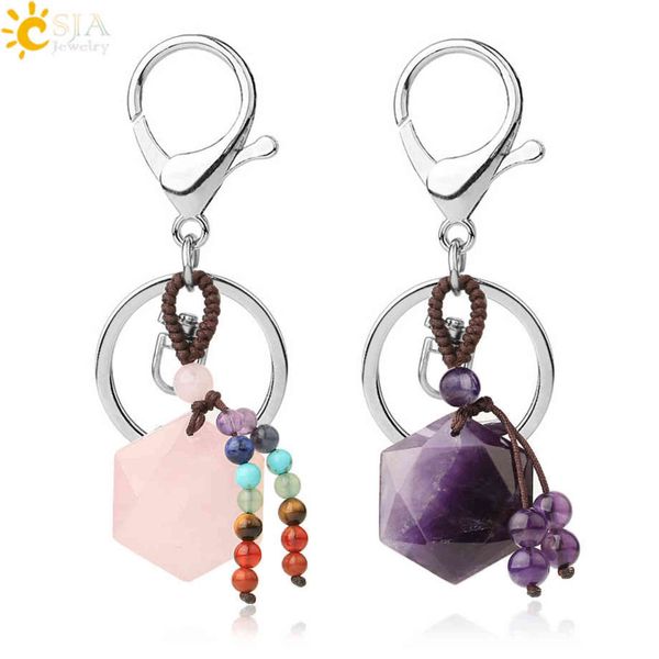 CSJA Hexagram Pierre Naturelle Porte-clés Reiki Quartz Cristal Porte-clés Sac À Main Décor Moto Porte-clés pour Femmes Hommes Bijoux G532 H1126