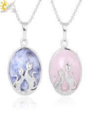 Csja Lucky Double Cat Kitty Collier Natural Stone Charm Pendeur pour femmes Amethyst Pink Crystal Lapis Lazuli Romantic Lover Jewel9817669