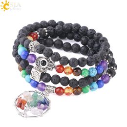 CSJA Natural Black Lava Rock Stone 108 Mala Beaded Bracelet Men AUM OM Jewelry Hamsa Hand Life Tree 7 Chakra Strand Pulseras F709228H