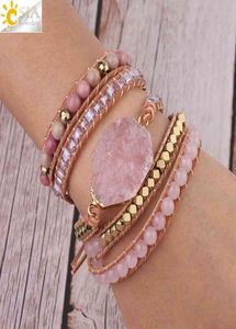 CSJA Natuursteen Armband Roze Kwarts Lederen Wrap Armbanden voor Vrouwen Rose Edelstenen Kristal Kralen Bohemen Sieraden 5 Strands S3083001952