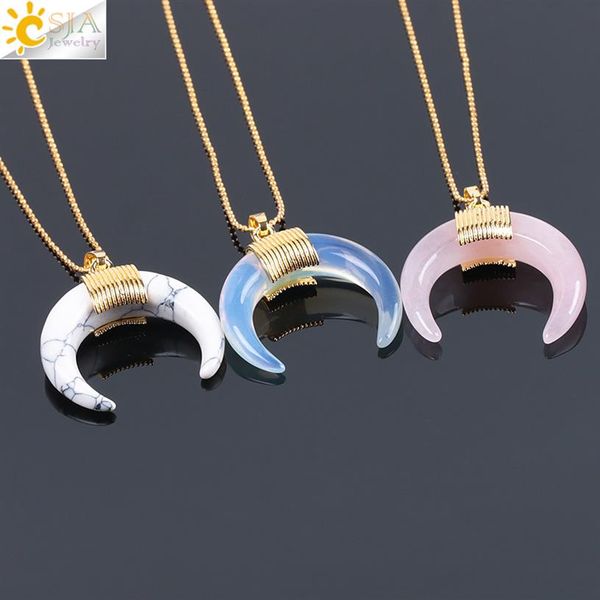 CSJA Pierre Naturelle Croissant Demi-Lune Collier Pendentif avec Chaîne Couleur Or Fil Enroulé pour Femmes Rose Quartz Cristal DIY Jewelr304u