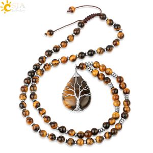 CSJA Natuurlijke Stenen Beaded Tiger Eye Kettingen voor Mannen Boom Of Life Hangers Mala Yoga Kralen 7 Chakra Reiki Vrouwelijke Sieraden S469 201013