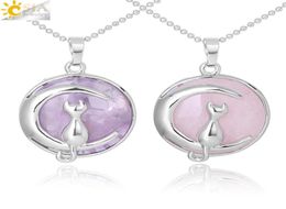 CSJA nouveauté femmes collier chat sur lune pierre gemme naturelle Rose Quartz cristal Suspension pendentifs Hardshell chaton charmes Jewell3034681