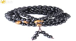 Bracelet d'obsidien CSJA Long noir 6 mm Round Naturel Natural Multicouche Bouddha Perles Bracelets chinois Jot de prière de nœud