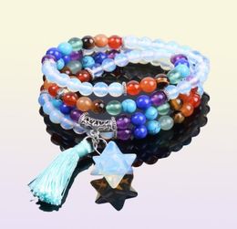 CSJA Reiki Multicouche 7 Chakra 108 Bracelet de perle mala pour hommes Femmes Opal Star Pendant Pendant Rainbow Meditation Heury Guéris