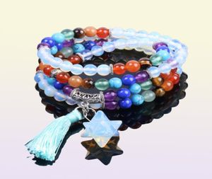 CSJA Reiki Multicouche 7 Chakra 108 Bracelet de perle mala pour hommes Femmes Opal Star Pendant Rainbow Meditation Heury Guéris