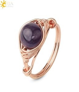 CSJA Round Bead Natural Stones Ring Rose Gold Draad Wrap Handgemaakte creatieve vingerringen voor vrouwelijke mode -genezing Crystal JE2034959