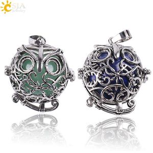 CSJA Vintage Argent Ouvrable Médaillon Charme Collier Pendentifs Hibou Cage À Oiseaux Rond Pierre Naturelle Perle Boule Bijoux pour Hommes Femmes Gift237a