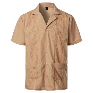 Camp cubain Guayabera chemise hommes à manches courtes décontracté boutonné broderie hommes chemises doux respirant couleur unie chemises de plage G0105