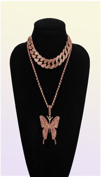 Chaîne cubaine Big 3d Butterfly Fashion Designer de luxe Diamants Luxury Diamonds Collier Pendant Collier pour femmes Bijoux Hip Hop Girls Hop5783268