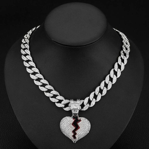 chaîne cubaine Personnalized style alliage complet diamant brisé coeur peinture à l'huile collier pendentif mode polyvalent