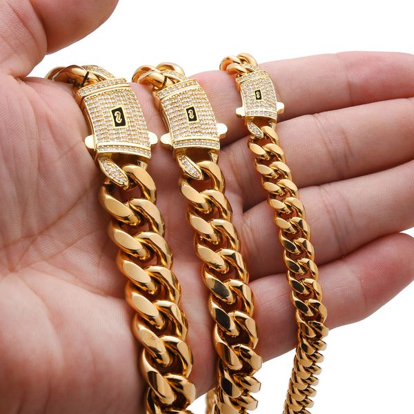 Cabellón de la cadena de enlace cubano diseñador para hombres Cadena de oro sin deslizarse sin mapa de acero inoxidable de 6-14 mm de ancho CZ Diamante en Buckle Hip Hop Rapper Joya de diseñador