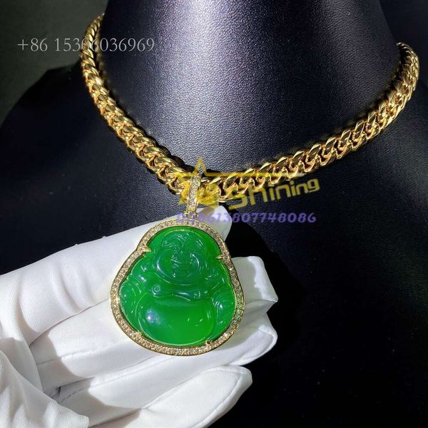 Chaîne de liaison cubaine VVS1 MISSANITE DIAMANT GREEN JADE Collier pendentif Bouddha plaqué Gold