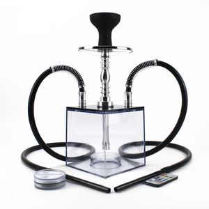 Juego de cachimba acrílica en forma de cubo con 2 mangueras, luz LED, cuenco de silicona, cachimbas, Narguile Sheesha Chicha Nargile Cachimbas Shisha Box Ket 240104