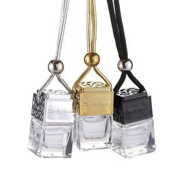 Cube Hollow Car Perfume Bottle Retrovisor Aceites esenciales Difusores Adorno Colgante Ambientador para fragancia Colgante de vidrio vacío
