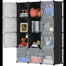 Cube de rangement avec portes, 12 cubes, bibliothèque, étagères de placard pour vêtements, noir, 3 ou 4 Cubes, 240223