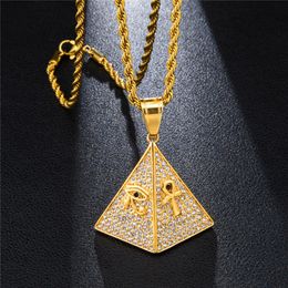 Zircon cubique Egypte Collier pendentif pyramide avec l'œil d'Horus et Ankh CLÉS CHARMS PAVE CZ Zircon Bling Hip Hop Jewelry Gift 261G