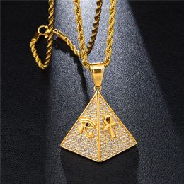 Collier pendentif pyramide égyptien en Zircon cubique, avec l'oeil d'Horus et d'Ankh, breloques pavées de Zircon scintillant, bijoux Hip Hop, cadeau 265x