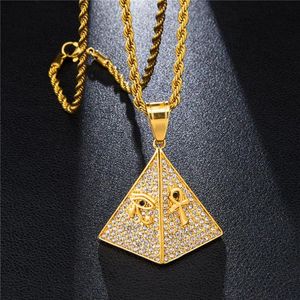 Collier pendentif pyramide égyptien en Zircon cubique avec l'oeil d'Horus et Ankh, breloques pavées de Zircon CZ scintillant, bijoux Hip Hop, cadeau 2387