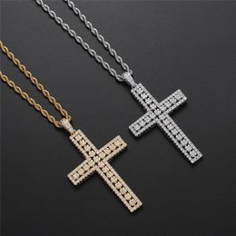 Colliers avec pendentif en forme de croix en zircone cubique, chaîne en corde torsadée de 3 mm, véritable or plaqué argent, cuivre, collier en zircon pour hommes, cadeaux, design de mode, bijoux hip hop pour femmes