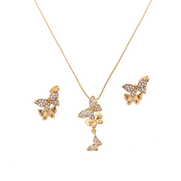 Cubic Zirconia Cute Butterfly Pendant Necklace avec Stud Earring Jewelry Set