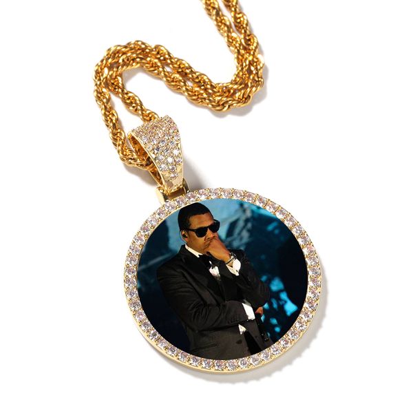 Collier avec pendentif Photo en zircone cubique, dos solide, étiquette ronde glacée, bijoux hip hop, cadeaux