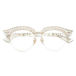 Cubojue Ojo de Gato Perla Gafas de Mujer Lentes Transparentes Marcos de Anteojos de Moda Mujer Medio Marco Gafas Damas 9831331